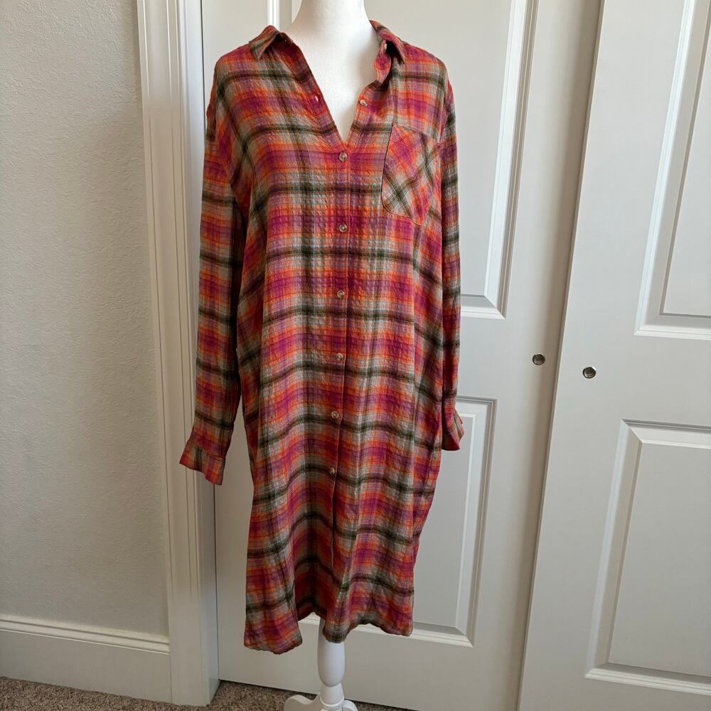 BeachLunchLounge Soft Plaid Button Up‎ Shirt Dress Sz M Comfy Lounge